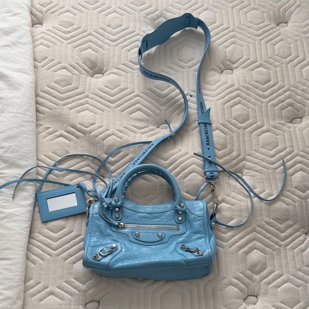 Balenciaga Sky Blue
Logo Strap City Classic Studs Bag Leather Mini